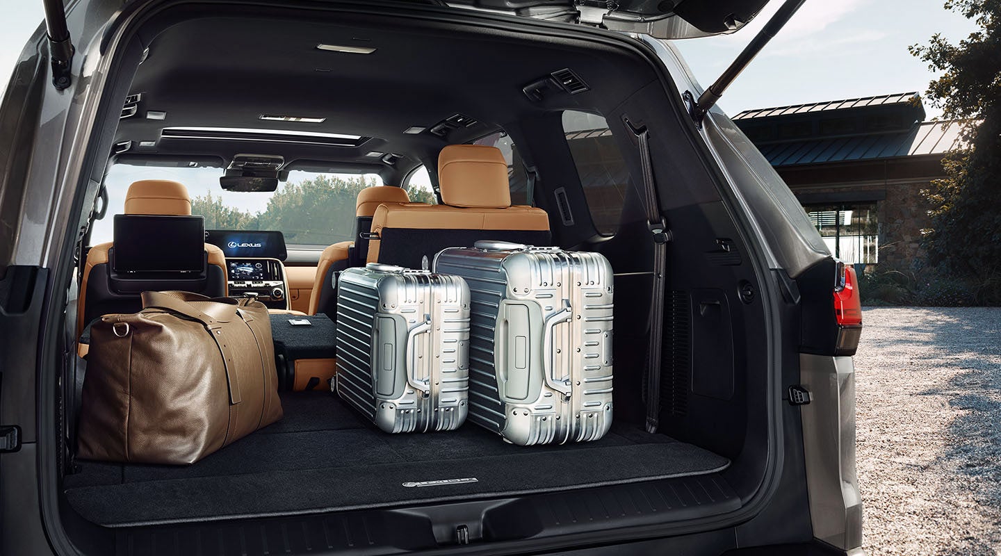 Detail shot of the open trunk of the 2022 Lexus LX 600 with luggage. | Lexus of Lehigh Valley in Allentown PA